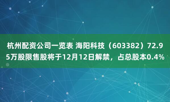 杭州配资公司一览表 海阳科技(603382)72.95万股限售股将于12月12日解禁,占总股本0.4%