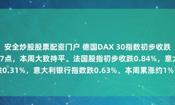 安全炒股股票配资门户 德国DAX 30指数初步收跌0.34%，报25267.27点，本周大致持平。法国股指初步收跌0.84%，意大利股指初步收跌0.31%，意大利银行指数跌0.63%、本周累涨约1%，英国股指初步收跌0.16%、本周累涨0.9%。